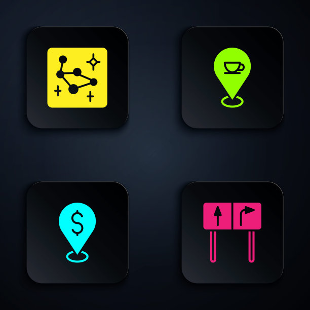 设置道路交通标志，大熊星座，现金位置和位置与咖啡杯。黑色方形按钮。向量图片下载