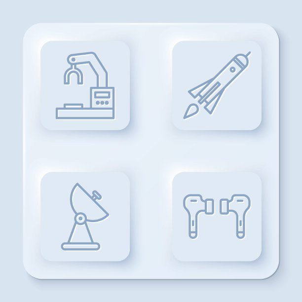 设置生产线机器人机器人手臂手工厂，火箭船与火，雷达和空中耳机。白色正方形按钮。向量图片下载