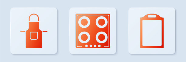 设置煤气炉、厨房围裙、切菜板。白色正方形按钮。向量图片下载