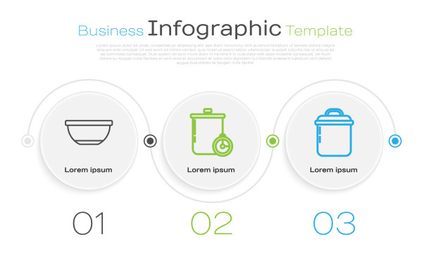 设置线碗，煮锅，厨房定时器和煮锅。业务信息模板。向量图片下载