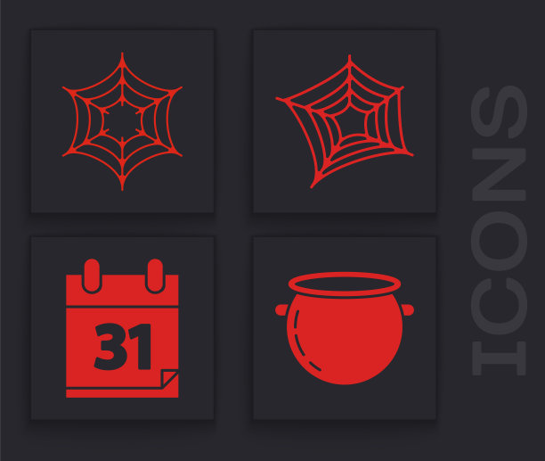 设置万圣节女巫釜，蜘蛛网，蜘蛛网和日历与万圣节日期31 10月图标。向量图片下载