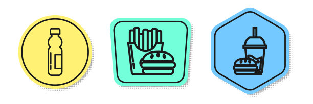 设置线瓶装水，汉堡和炸薯条在纸箱包装盒和纸杯与饮用吸管和汉堡。颜色的形状。向量图片下载