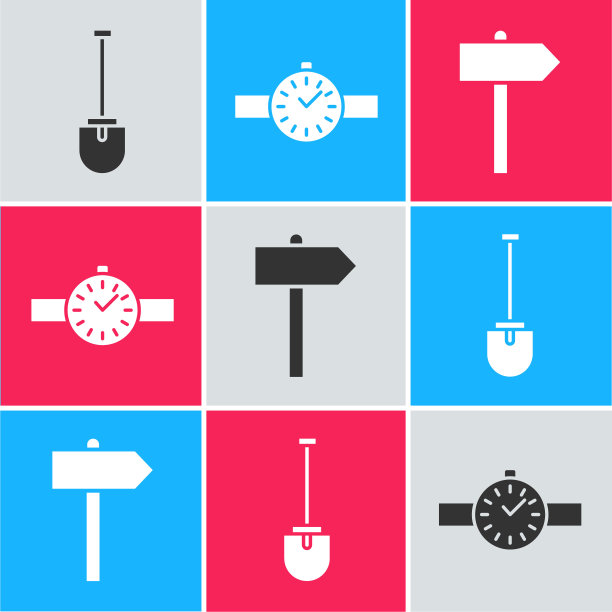 设置铲子、手表和道路交通路标图标。向量图片下载