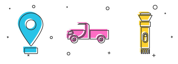 设置位置，皮卡和手电筒图标。向量图片下载