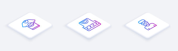 设置等距线t恤，马甲和书呆子极客。白色正方形按钮。向量图片下载