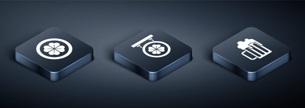 设置等距金币四叶三叶草，木制啤酒杯和街道招牌四叶三叶草图标。向量图片下载