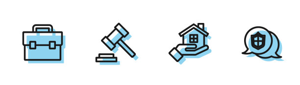 设置线房子在手中，公文包，法官木槌和位置盾牌图标。向量图片下载