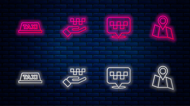设置线与出租车手，位置，出租车车顶和折叠地图位置。砖墙上闪烁的霓虹灯图标。向量图片下载
