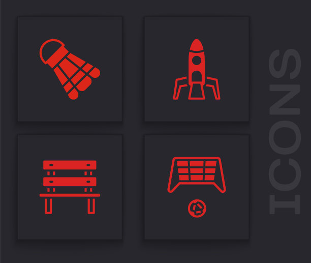 使用球、羽毛球、火箭船和板凳图标设置足球球门。向量图片下载