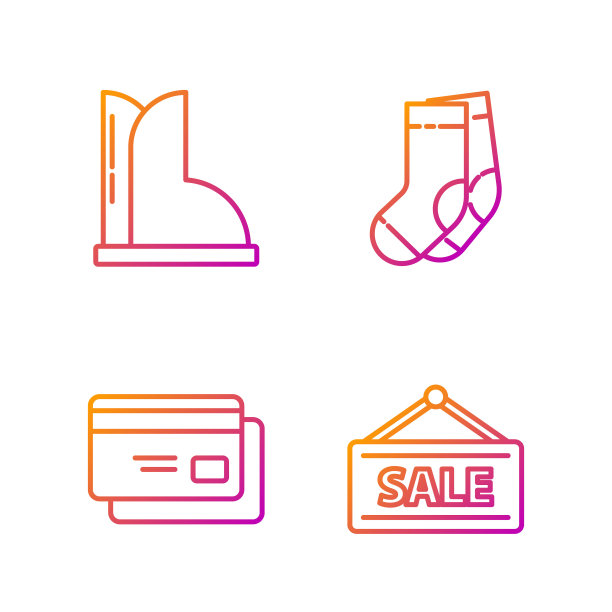 设置有销售，信用卡，防水胶靴和袜子的吊牌。渐变颜色图标。向量图片下载