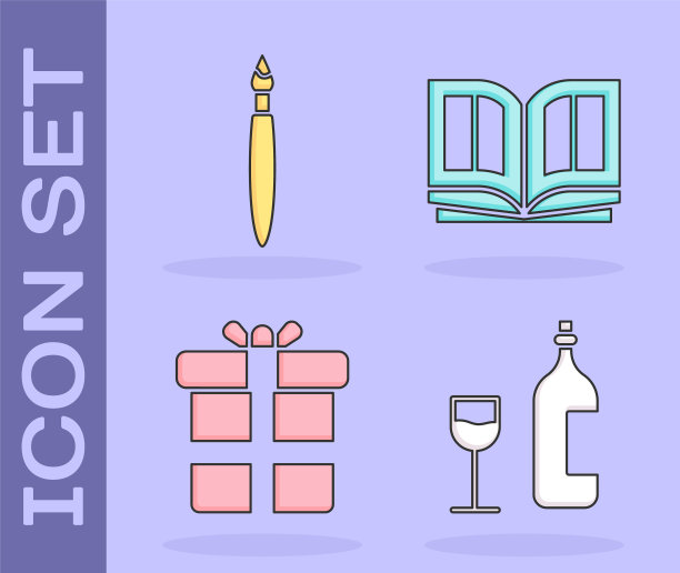 设置酒瓶与玻璃，画笔，礼品盒和圣经书的图标。向量图片下载
