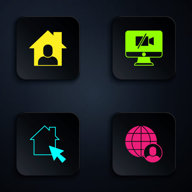 将电脑上的“自由职业者”、“在线工作”和“摄像机”设置为“关闭”。黑色方形按钮。向量图片下载