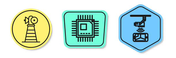 设有线天线、微电路处理器和无线控制闭路电视安防摄像头。颜色的形状。向量图片下载