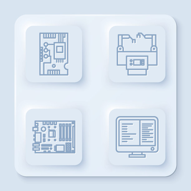 集生产线电子计算机部件主板数字芯片，装配线，电子计算机部件主板数字芯片和计算机显示器。白色正方形按钮。向量图片下载