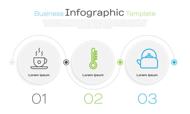 设置线咖啡杯，气象温度计和水壶与手柄。业务信息模板。向量图片下载