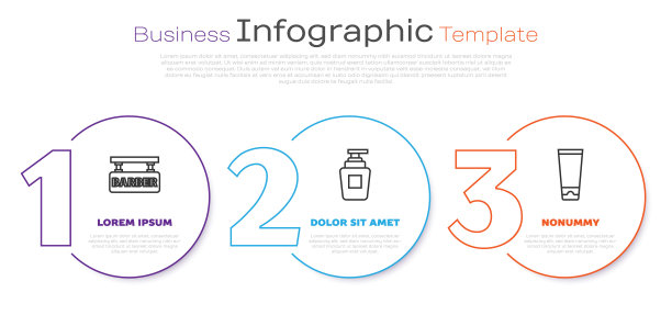 设置线理发店，洗发香波和乳霜或乳液化妆品管。业务信息模板。向量图片下载