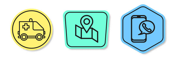 设有救护车和急救车线路，折叠地图和定位标志，出租车呼叫电话服务。颜色的形状。向量图片下载