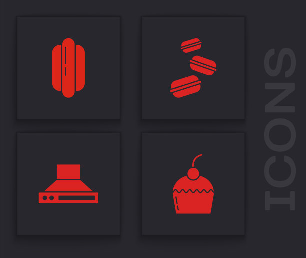 设置蛋糕，热狗三明治，马卡龙饼干和厨房extractor风扇图标。向量图片下载