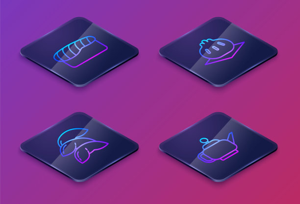 寿司、中国幸运饼、切菜板上的Khinkali、日本茶道等。蓝色方块按钮。向量图片下载