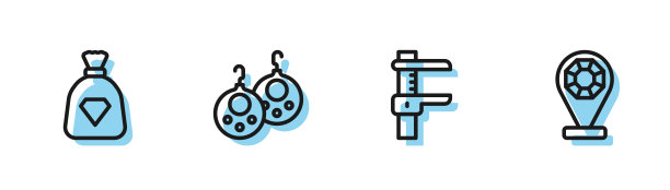 设置线卡尺或卡尺和规模，包与宝石，耳环和珠宝商店图标。向量图片下载