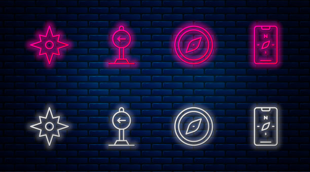 交通灯左转，罗盘，风向上升，移动。砖墙上闪烁的霓虹灯图标。向量图片下载