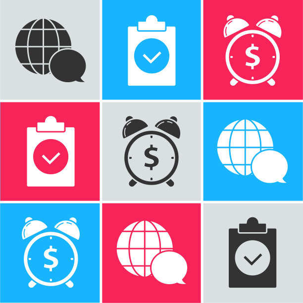 设置世界地图由语音泡泡，完成任务和闹钟与美元符号图标。向量图片下载