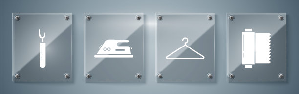 集纺织面料卷、衣架、衣柜、电熨斗、刀具于一体。方形玻璃面板。向量图片下载