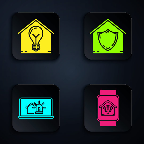 设置智能手表与智能家居无线上网，智能家居与灯泡，笔记本电脑与智能家居及闹钟，家居保护。黑色方形按钮。向量图片下载