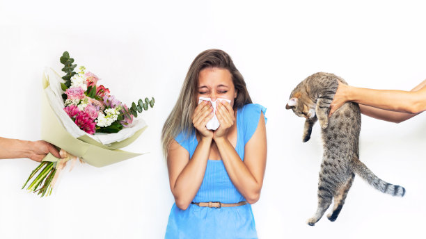 一个对猫和花过敏的年轻白种人金发女人拿着手帕打喷嚏图片下载