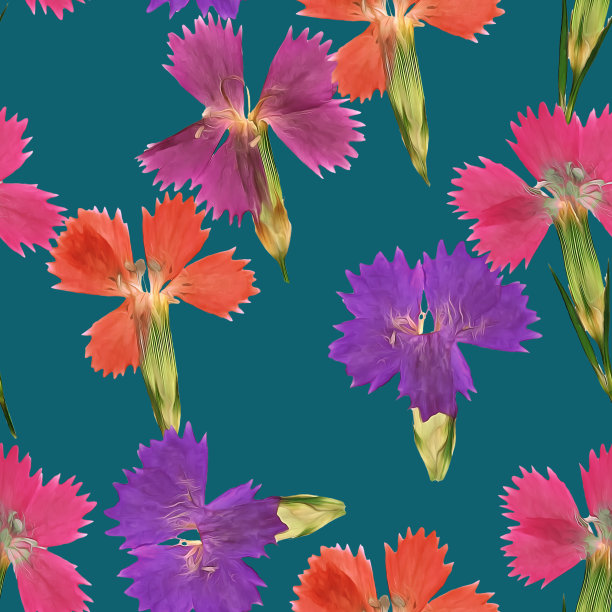 康乃馨,丁香。插图，花的纹理。连续复制的无缝模式。花卉背景，照片拼贴纺织品，棉织物。墙纸，封面，打印图片下载