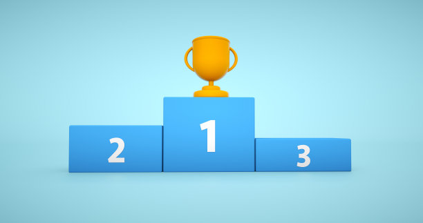蓝色背景上的获胜者领奖台，带数字位置。工作室平台。展览和演示舞台。图片下载