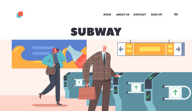 地铁登陆页面模板。人们通过旋转门，男性和女性乘客在登机口扫描火车票图片下载