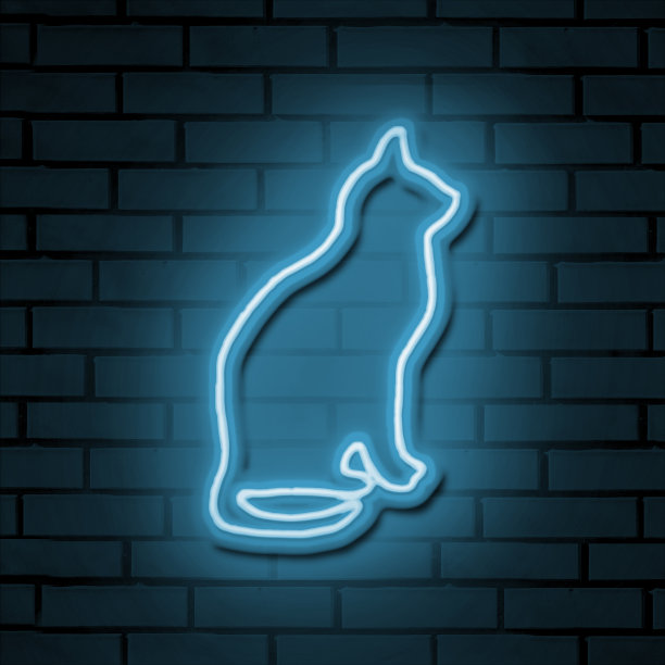 霓虹灯。蓝色的霓虹灯猫在砖墙上。3 d渲染。图片下载