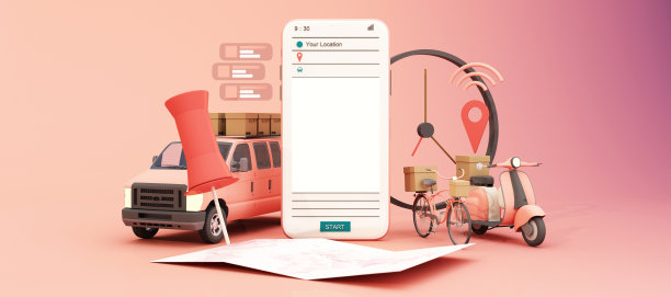 快速交付的摩托车，自行车和面包车与移动。电子商务的概念。在线食品和购物箱订购与路线图。网页、应用程序的设计。粉红色的背景。全景帧3d渲染图片下载