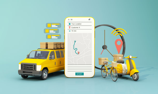 快速交付的摩托车，自行车和面包车与移动。电子商务的概念。在线食品和购物箱订购与路线图。网页、应用程序的设计。黄色和蓝色的背景。角度3 d渲染图片下载