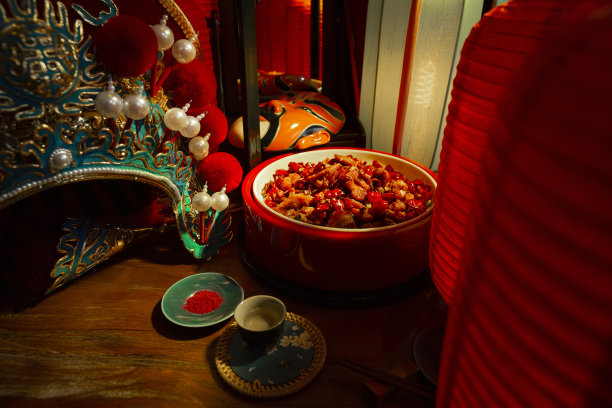 中国菜，红辣椒鸡丁和京剧图片下载