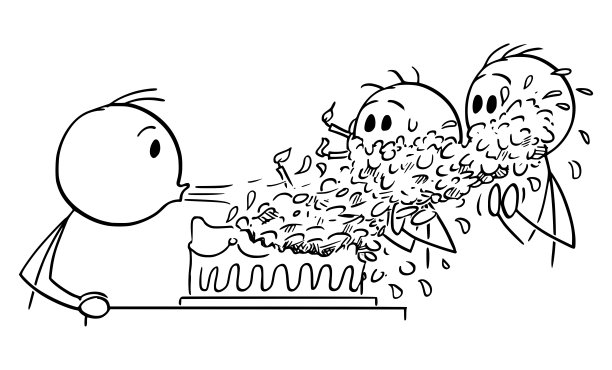 人吹灭生日蛋糕上的蜡烛，矢量卡通棍子图插图图片下载