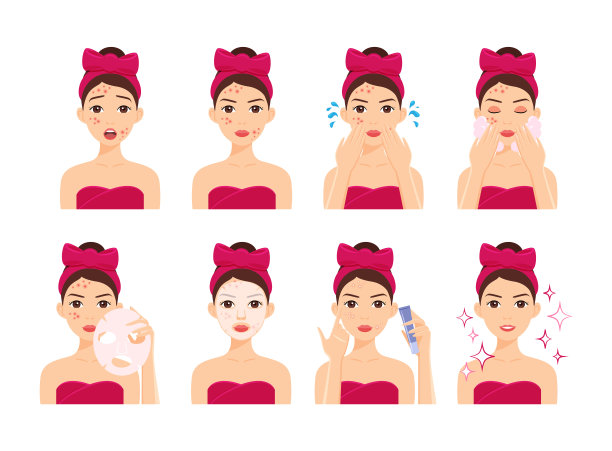 美丽有疙瘩的女人。治疗面部痤疮。使用水。女孩用肥皂泡沫，面膜和面霜。步骤。指令。健康清洁的皮肤和快乐的青少年。卡通风格。矢量插图。图片下载