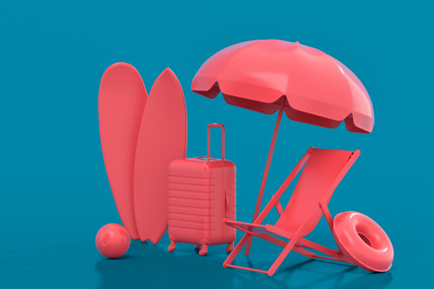 蓝色背景的沙滩椅和冲浪板手提箱。图片下载