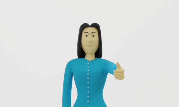 一个微笑的女人站在白色的背景上，赞许地用手做，竖起大拇指，微笑着，为成功而高兴。3 d渲染。图片下载
