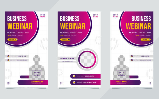 一套商业网络研讨会社交媒体故事模板与圆形框架和白色紫色背景图片下载