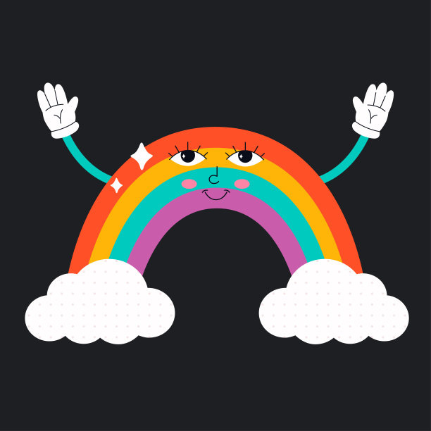 可爱的卡通彩虹人物与云彩。嬉皮、迷幻、复古的风格元素。矢量图图片下载