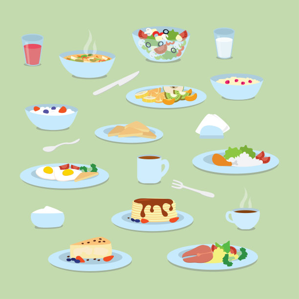 一套各种各样的自制菜肴。收集不同的食物和餐具。配粥、沙拉和煎饼的盘子图片下载