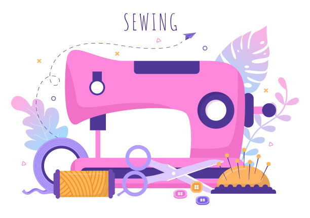 裁缝缝纫，布，针垫，线程，时装设计师，女裁缝，剪刀和测量使衣服在平坦的背景插图图片下载