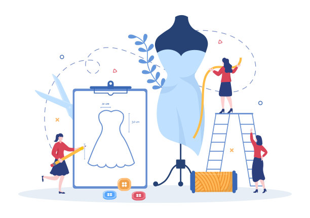 裁缝缝纫，布，针垫，线程，时装设计师，女裁缝，剪刀和测量使衣服在平坦的背景插图图片下载