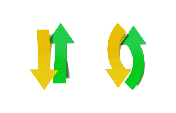 矢量黄色和绿色三维箭头，直线和曲线箭头集，回收标志，彩色。图片下载