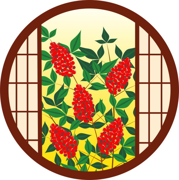 一棵吉祥的南天树和一扇圆窗图片下载