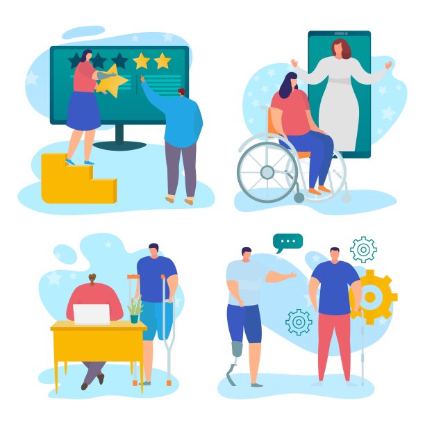 为残疾人服务的设置，矢量插图，孤立白人男子字符使用社会支持近人工作者，在线医生帮助图片下载