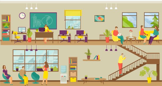 商业工作场所，团队办公室，矢量插图。男人女人在公司工作，共同工作空间设置。公司团队合作图片下载