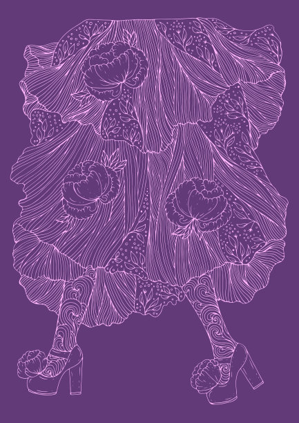 矢量手绘女性脚的鞋子高跟鞋。紧身裤袜和长图案的裙子。花牡丹条纹印花。时尚插画。图案设计卡片，t恤。粉红色的线孤立在紫色的背景上图片下载